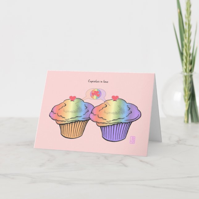 Cupcakes in Liebe RegenbogenRegenbogen Valentine Karte (Vorderseite)