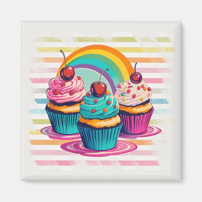 Cupcakes, Kirschen und Regenbögen Magnet (Vorne)