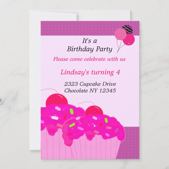 Cupcakes rose Invitation de fête d'anniversaire (Devant)