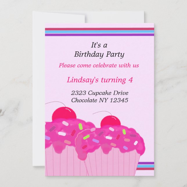 Cupcakes rose Invitation de fête d'anniversaire (Devant)