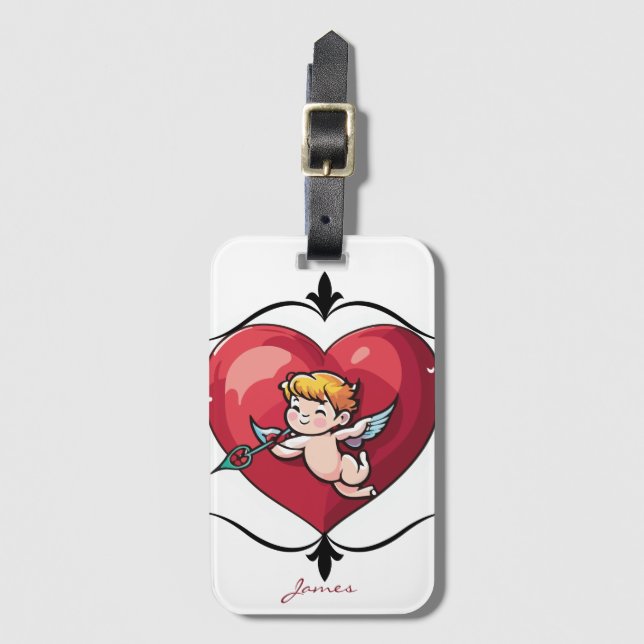 Cupid am roten Herz Gepäckanhänger (Vorderseite Vertikal)
