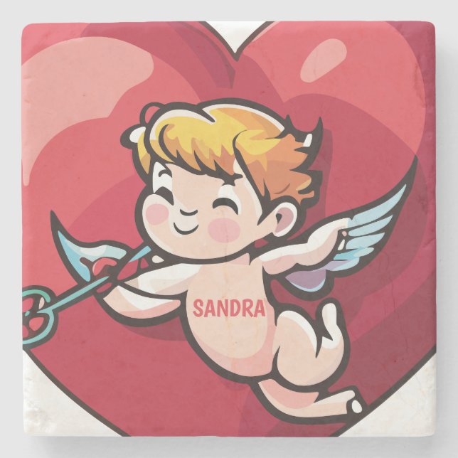 Cupid am roten Herz Steinuntersetzer (Vorderseite)