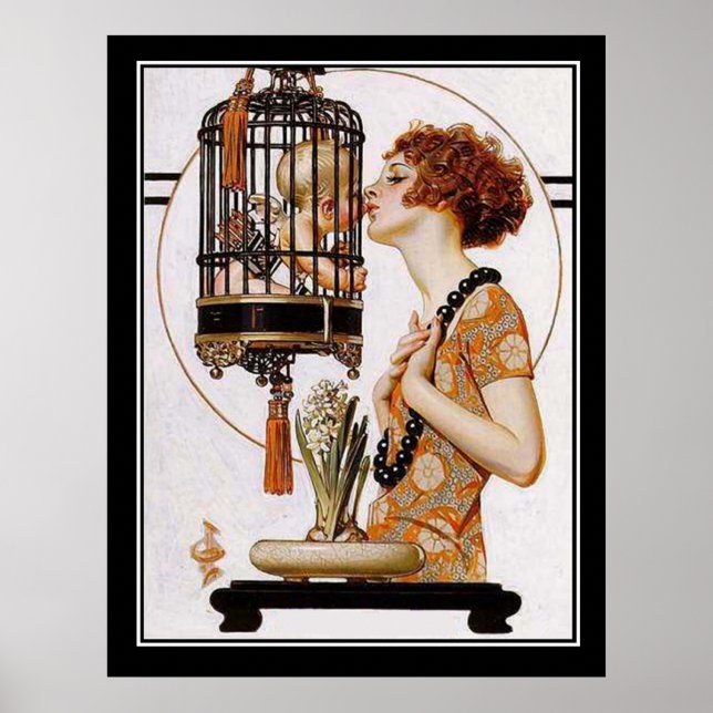 Cupid in einem Käfig Art Deco Print Poster (Vorne)