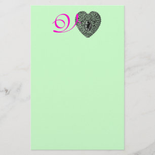 CUPID LACE HERZ MONOGRAMM, rosa fuchsia grün Briefpapier