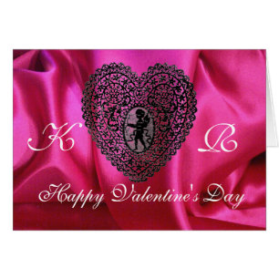 CUPID LACE HERZ SEIDEN FUCHSIA STOFF , Rosa Schwar
