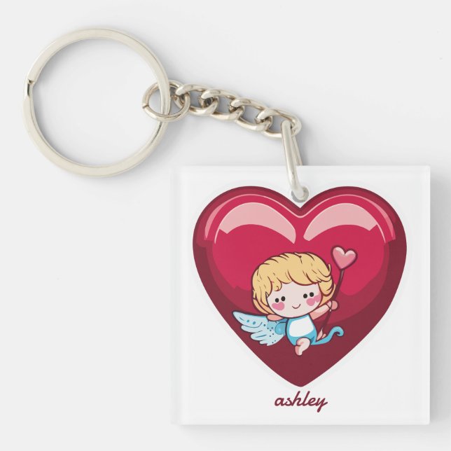 Cupid mit rotem Herz und rosa Pfeil Schlüsselanhänger (Vorderseite)