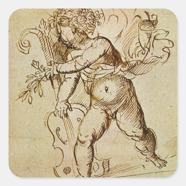 Cupid mit Violine von Domenico Campagnola Quadratischer Aufkleber (Vorderseite)