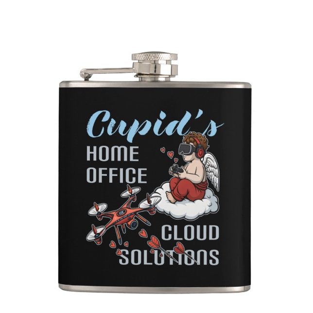 Cupid’s Home Office, Drone Valentine’s Day Flachmann (Vorderseite)