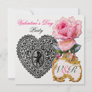 CUPID-SPIZEN-HERZ UND ROSA ROSE VALENTINSTAG-MONOG EINLADUNG