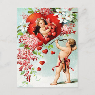 Cupid und ein Regen aus Herzen Postkarte