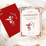 Cupids Arrow Red Vintage Hochzeit Save the Date Einladung<br><div class="desc">Die Cupid's Arrow Suite ist eine romantische, Vintag inspiriert Hochzeitskollektion, die zeitlose Eleganz mit tiefen Rottönen und feinen Details vereint. Mit einer klassischen Abbildung von Cupid mit seinem Pfeil und Bogen, zarten Ziergrenzen und ausgeklügelter Typografie erinnert diese Sammlung an ein Gefühl alter Weltromantik. Die Designelemente vereinen antiken Charme mit einer...</div>
