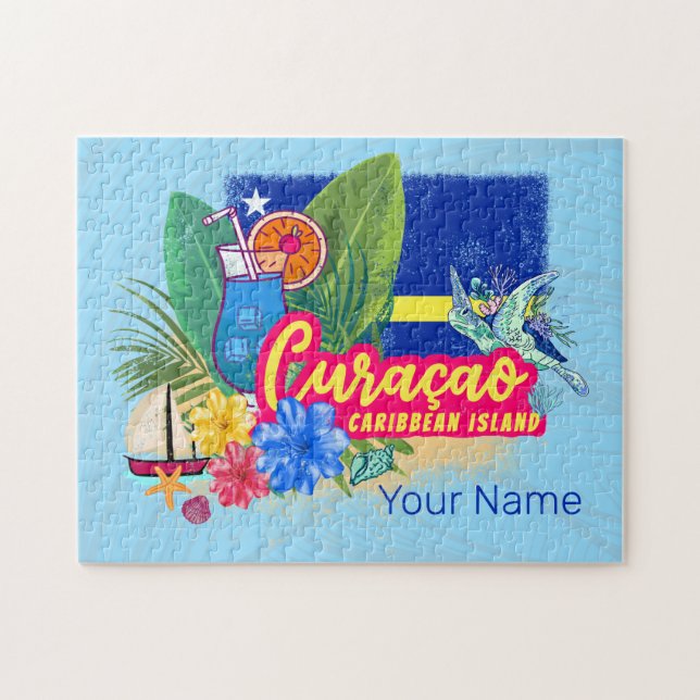 Curacao Retro-Karibische Insel mit Schildkröte Vin (Horizontal)