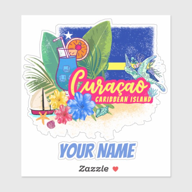 Curacao Retro-Karibische Insel mit Schildkröte Vin Aufkleber (Blatt)