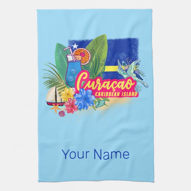 Curacao Retro-Karibische Insel mit Schildkröte Vin Geschirrtuch (Vertikal)