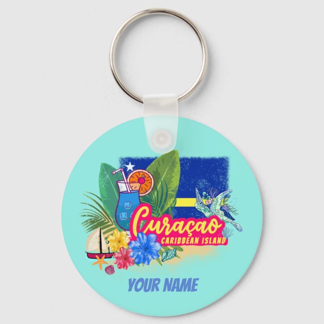 Curacao Retro-Karibische Insel mit Schildkröte Vin Schlüsselanhänger (Vorderseite)