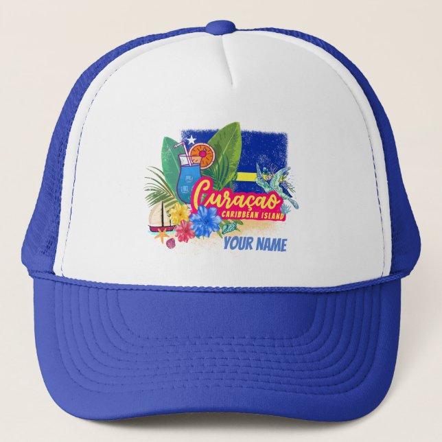 Curacao Retro-Karibische Insel mit Schildkröte Vin Truckerkappe (Vorderseite)