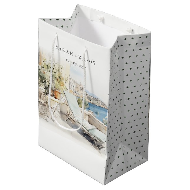 Curfu Griechenland Wasserfarbenlandschaft Hochzeit Mittlere Geschenktüte (Vorderseite Schrägansicht)