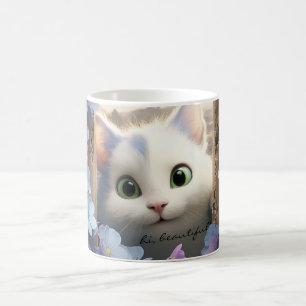 Curieux Fleurs de chats blancs Mug texte personnal