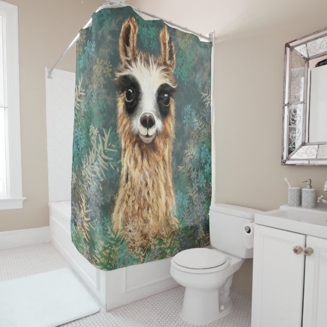 Curieux rideau de douche avec Curious Baby Llama (En situation)