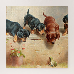 Curious Dachshund Puppies and a Frog, painting