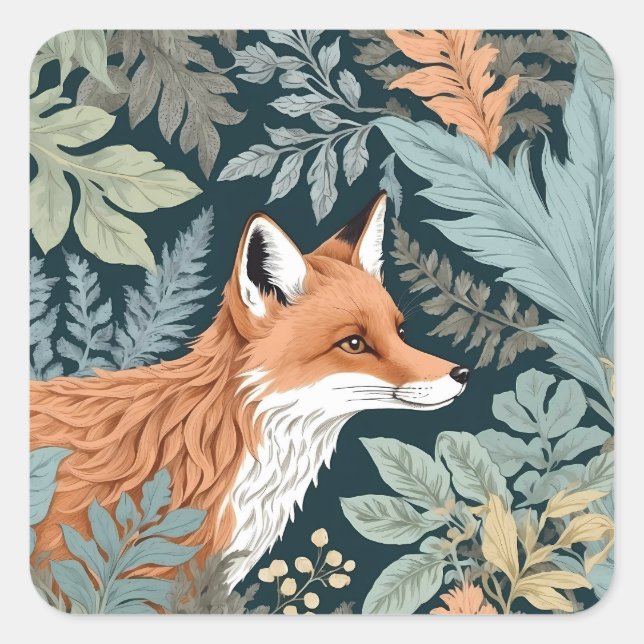 Curious Fox Fern Blätter William Morris Inspiriert Quadratischer Aufkleber (Vorderseite)