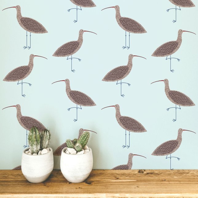 Curlew Bird Coasttern Muster Tapete (Curlew coastal bird pale blue art peel and stick wallpaper)