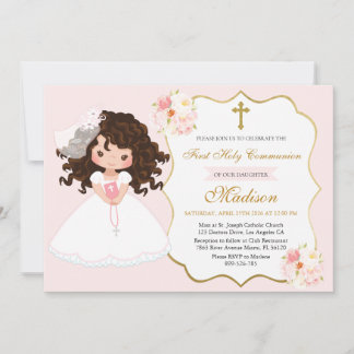 Curly haired Girl First Communion Soft Pink Einladung