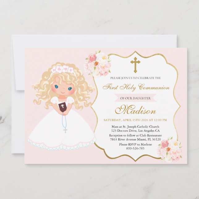Curly haired Girl First Communion Soft Pink floral Einladung (Vorderseite)
