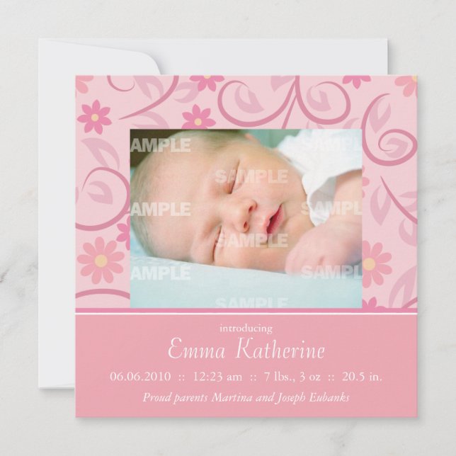 Curly Pink Floral Baby Ankündigung (Vorderseite)
