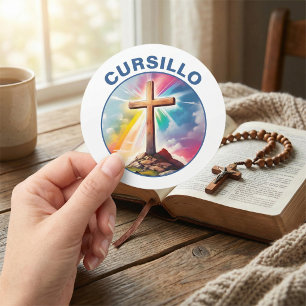 Cursillo Holzkreuz mit Regenbogen und Wolken Runder Aufkleber