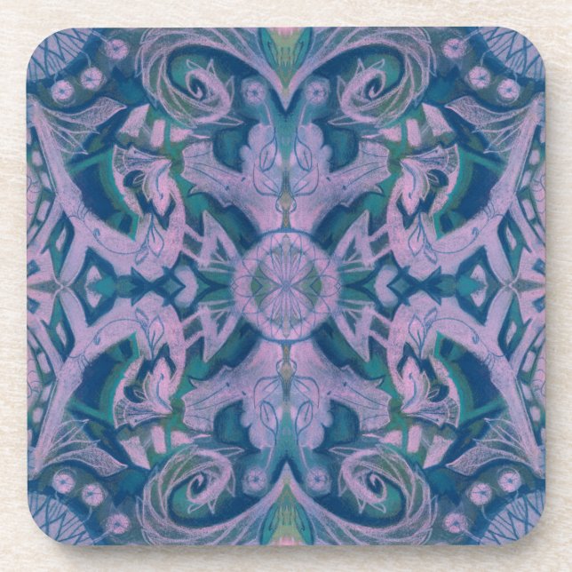 Curves & Lotuses, abstrakter Musterlavener & blau Getränkeuntersetzer (Vorderseite)