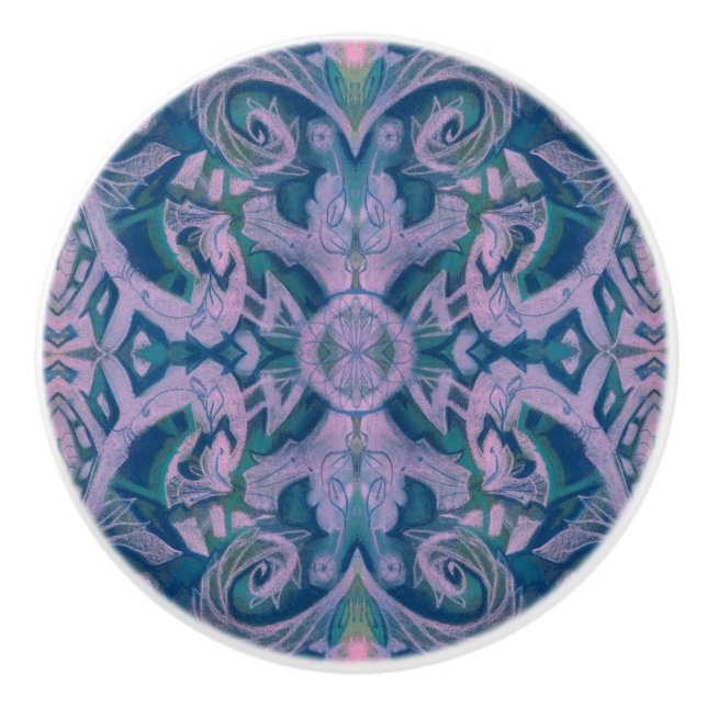 Curves & Lotuses, abstrakter Musterlavener & blau Keramikknauf (Vorderseite)