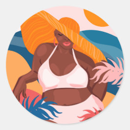 Curvy Black Woman, Beach Vacation Ready Runder Aufkleber