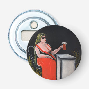 Curvy-Frau mit einer Tasse Bier Flaschenöffner
