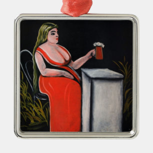 Curvy-Frau mit einer Tasse Bier Ornament Aus Metall