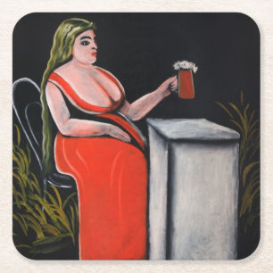 Curvy-Frau mit einer Tasse Bier Rechteckiger Pappuntersetzer