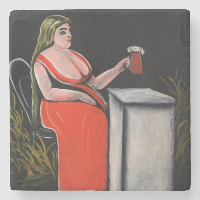 Curvy-Frau mit einer Tasse Bier Steinuntersetzer (Vorderseite)