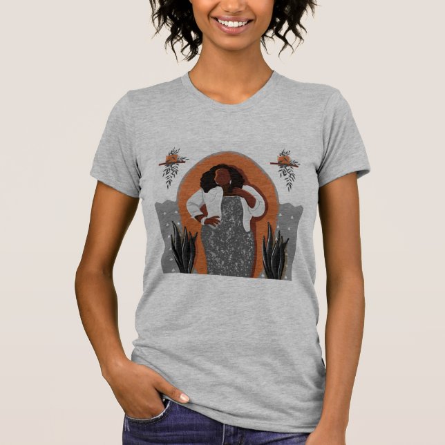 Curvy, Schwarze Frau, Hauspflanzen, Orange & Grau T-Shirt (Vorderseite)