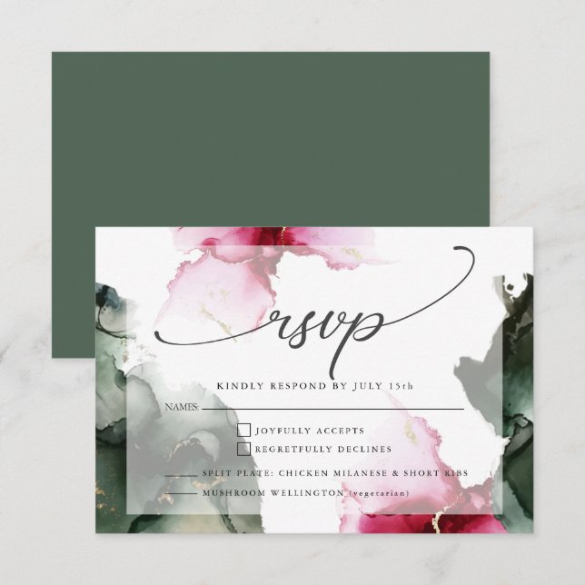 Custom3 Crimson und Sage Green Watercolor RSVP Karte (Vorne/Hinten)