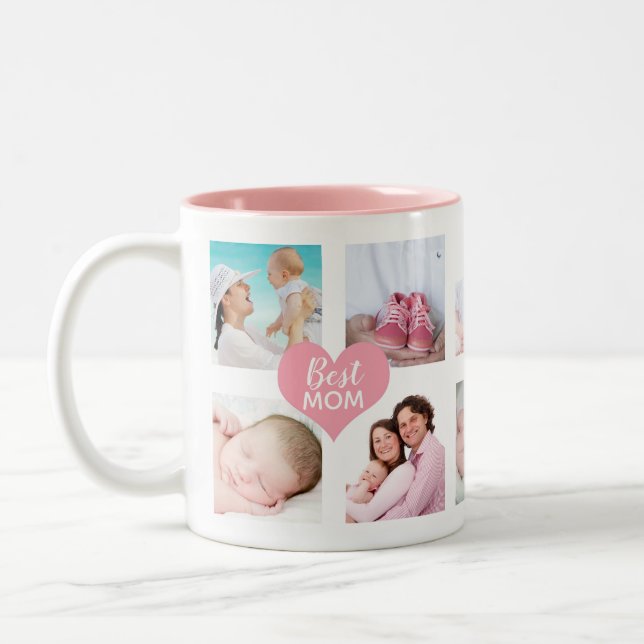 Custom 10 Foto Collage Best Mum Pink Hearts Zweifarbige Tasse (Links)