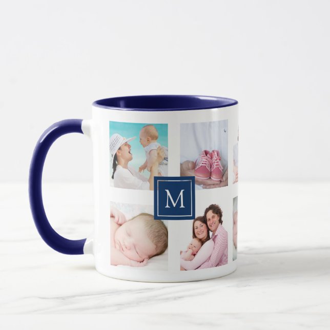 Custom 10 Foto Collage Dark Blue Monogram Tasse (Links)