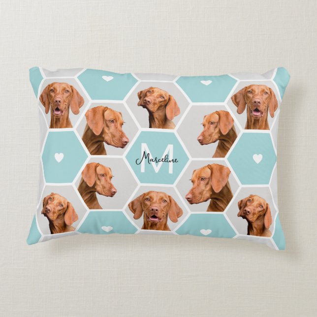 Custom 10 Pet Hund Foto Collage Monogramm Blau Gra Dekokissen (Rückseite)