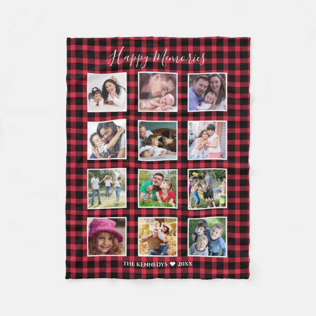 Custom 12 Family Foto Collage Red Buffalo Kariert Fleecedecke (Vorderseite)