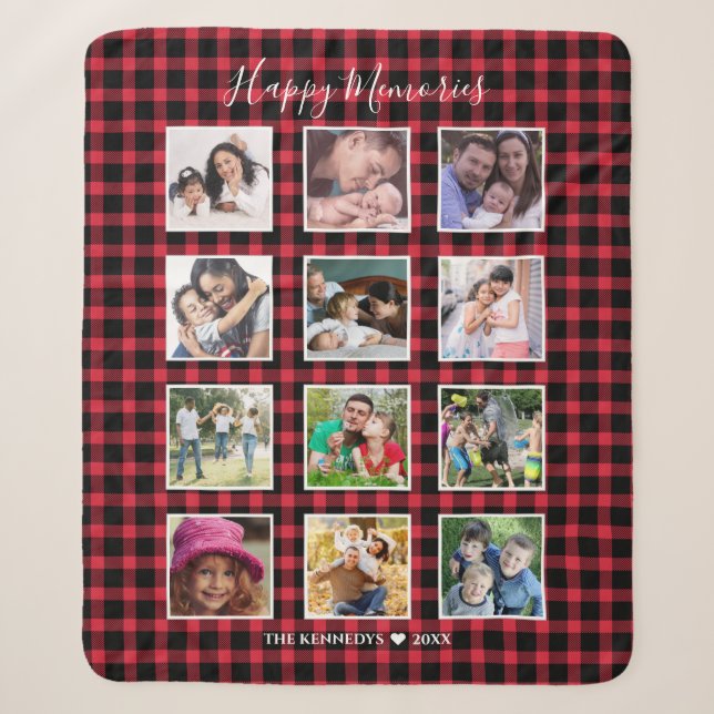 Custom 12 Family Foto Collage Red Buffalo Kariert Sherpadecke (Vorderseite)