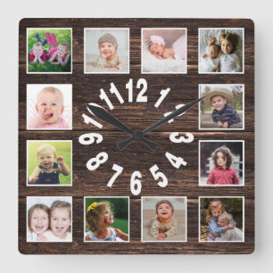 Custom 12 Family Foto Collage Rustic Bauernhof Quadratische Wanduhr
