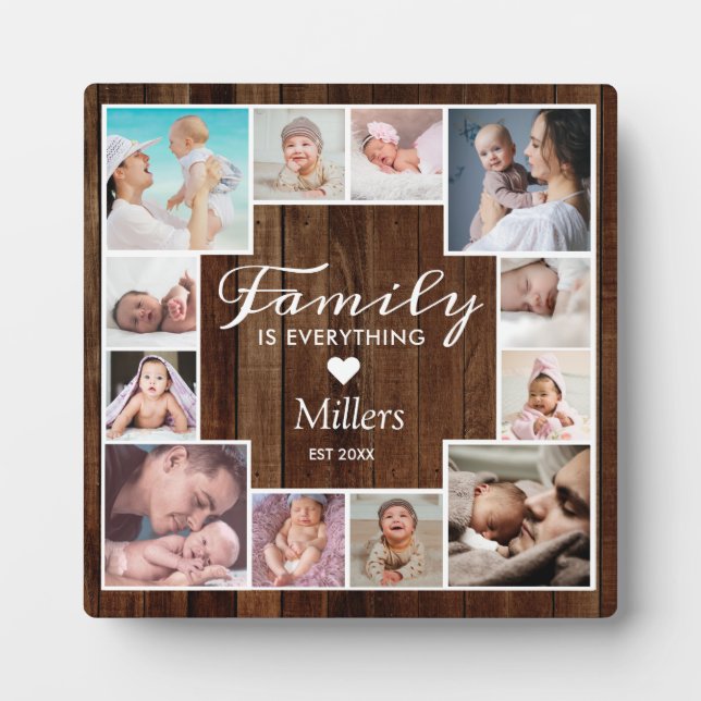 Custom 12 Family Foto Collage Rustikales braunes H Fotoplatte (Vorderseite)