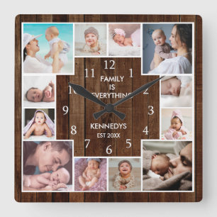 Custom 12 Family Foto Collage Rustikales braunes H Quadratische Wanduhr