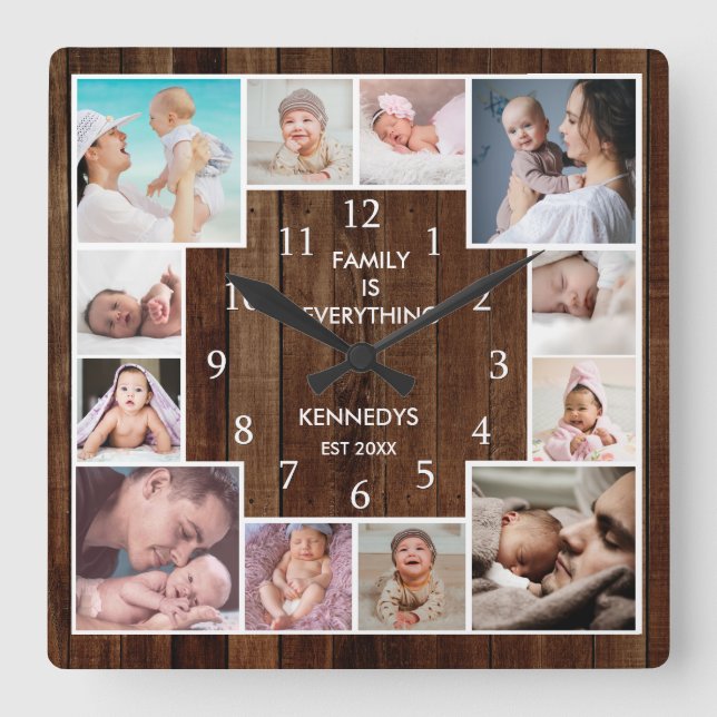 Custom 12 Family Foto Collage Rustikales braunes H Quadratische Wanduhr (Vorderseite)