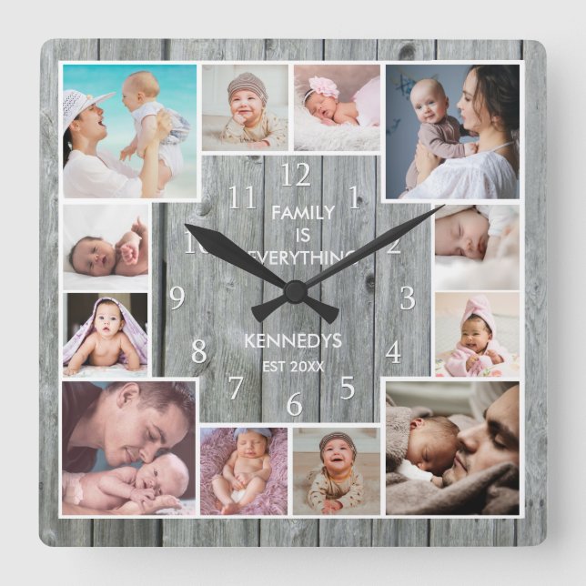 Custom 12 Family Foto Collage Rustikales graues Ho Quadratische Wanduhr (Vorderseite)