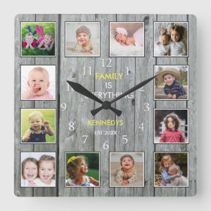 Custom 12 Family Foto Collage Rustikales Grauholz Quadratische Wanduhr